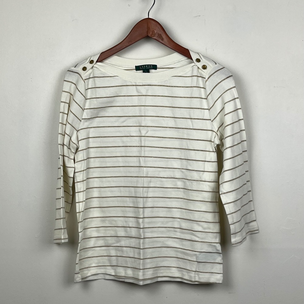 Lauren Ralph Lauren Striped Boat Neck Top Size L White Gold Coastal  Preppy